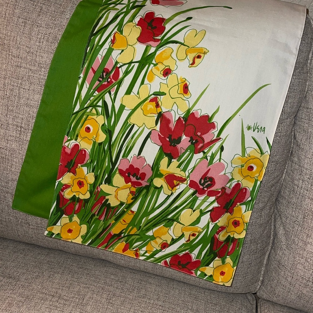 Vera Neumann Cotton Table Runner Red Poppies Daffodils Large 70X14”